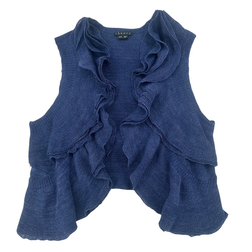 Theory‎ Isisa Ruffle Linen Blend Open Front Vest M